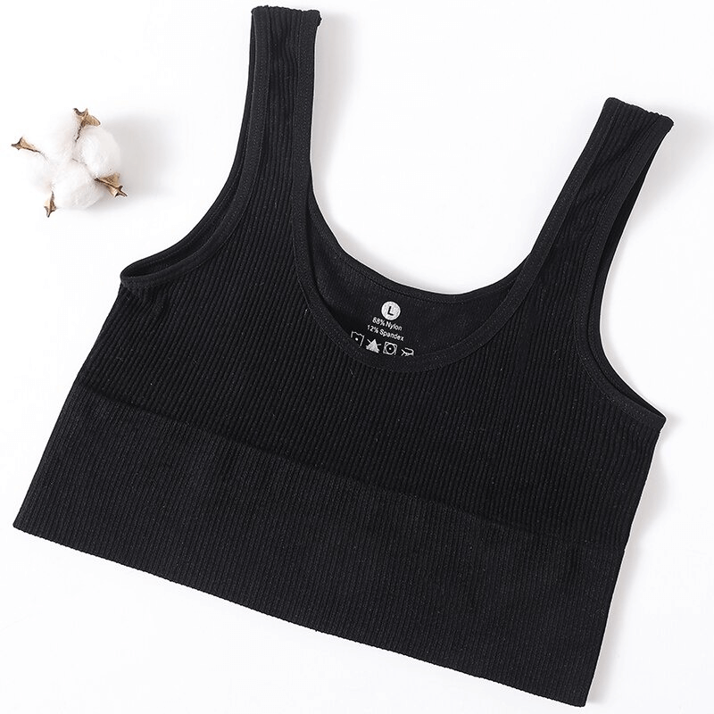 Black ribbed seamless fitness tank top for women, featuring a sexy backless design, perfect for yoga, sports, and dancing.